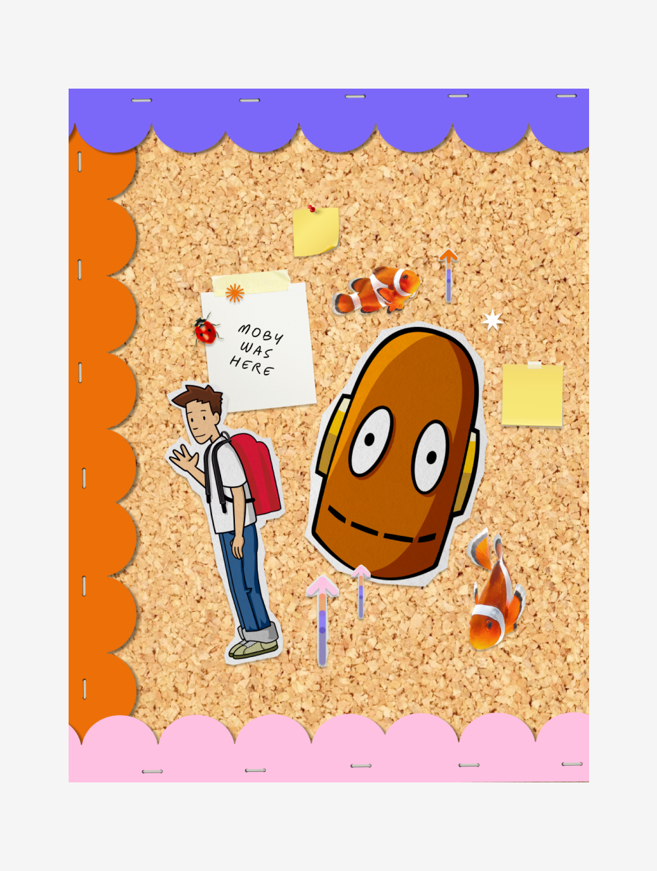 Bulletin board with Moby stickers and a sticky note saying "Moby was here"