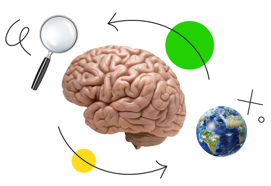 Magnifying glass, brain, Earth