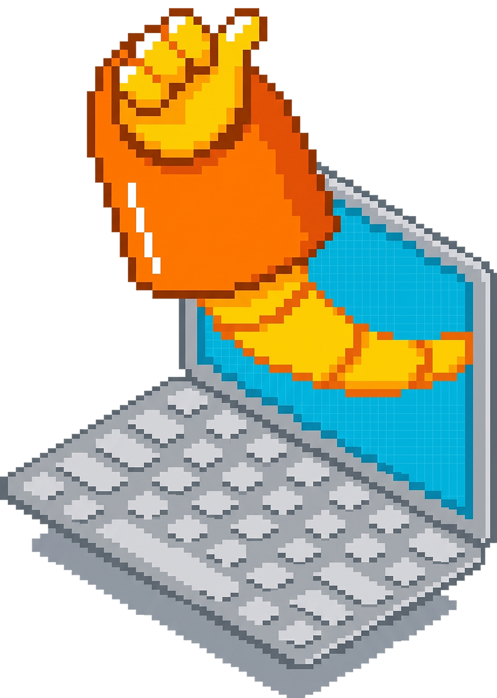 Moby's pixelated orange robot arm giving a thumbs up while coming out of a laptop screen