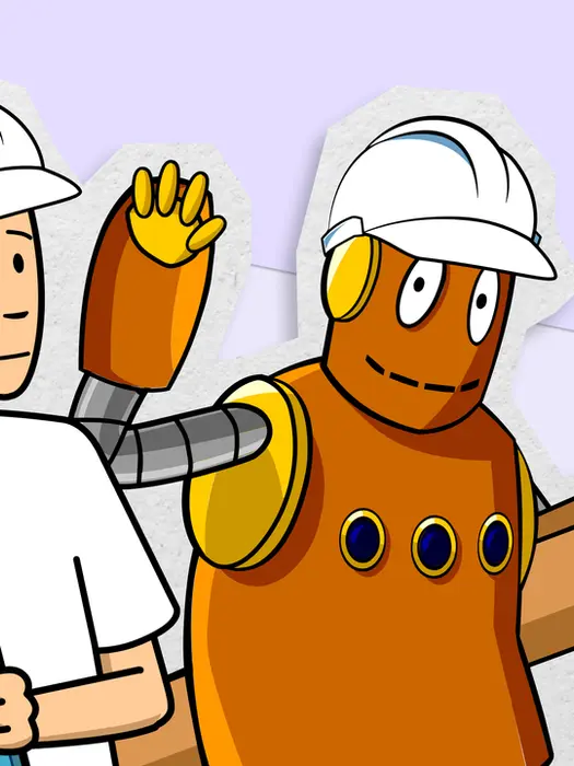Tim and Moby as construction workers