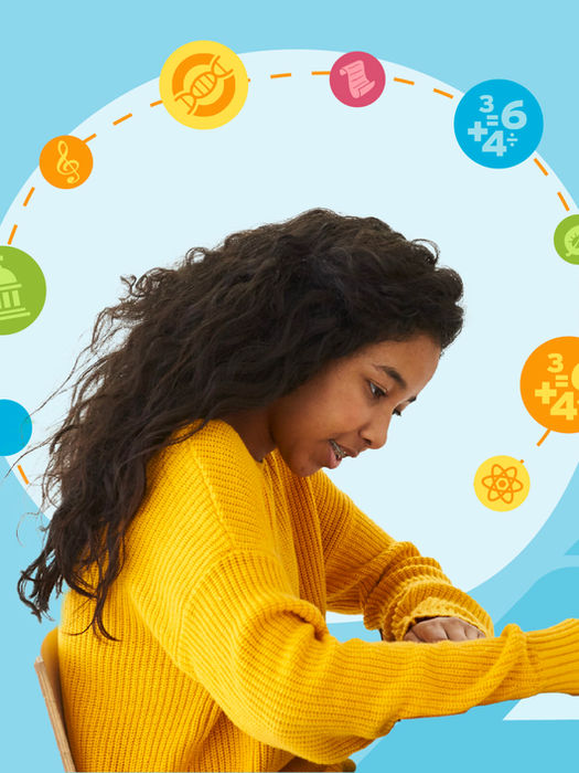 Child writing on a piece of paper while surrounded by bubbles representing the nine essential literacy skills